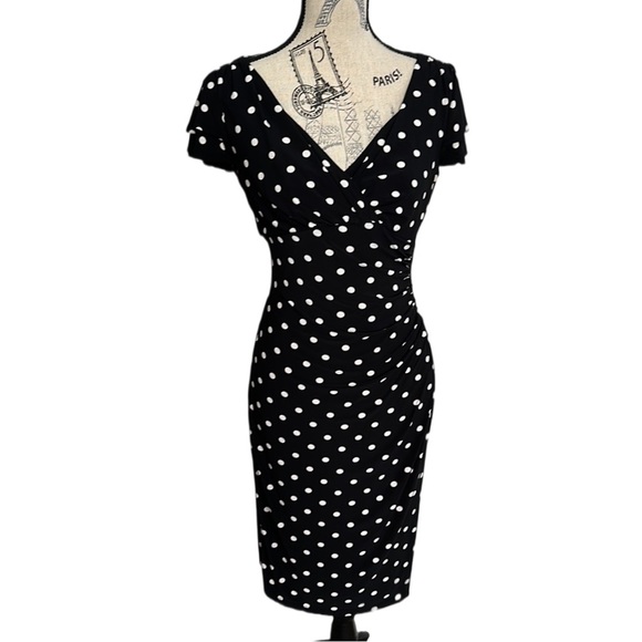 Ralph Lauren Dresses & Skirts - Ralph Lauren Black and White Polka Dot Ruched V-Neck, Fitted Midi Dress 4